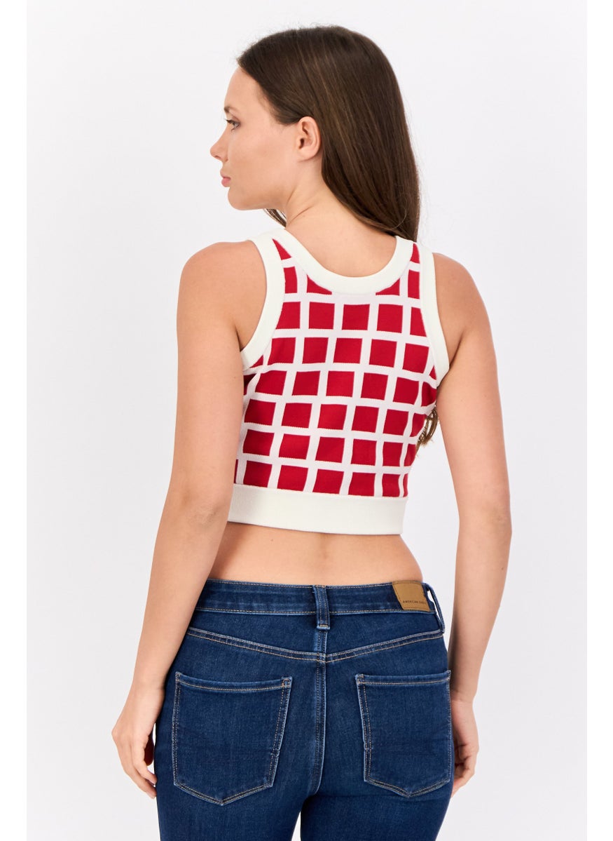 Women Crew Neck Checkered Crop Top, Red