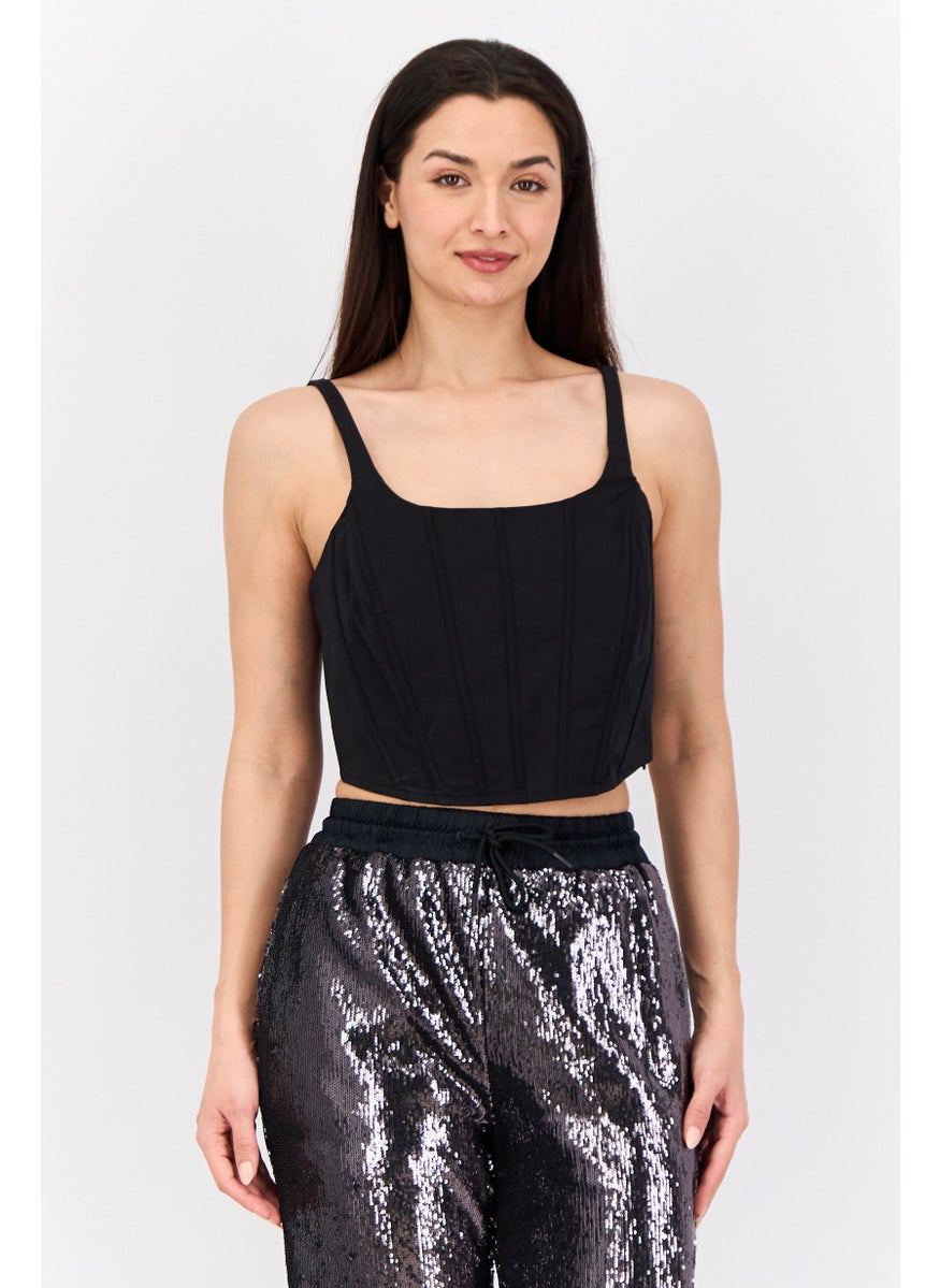 Women Scoop Neck Sleeveless Shirred Cropped Top, Black