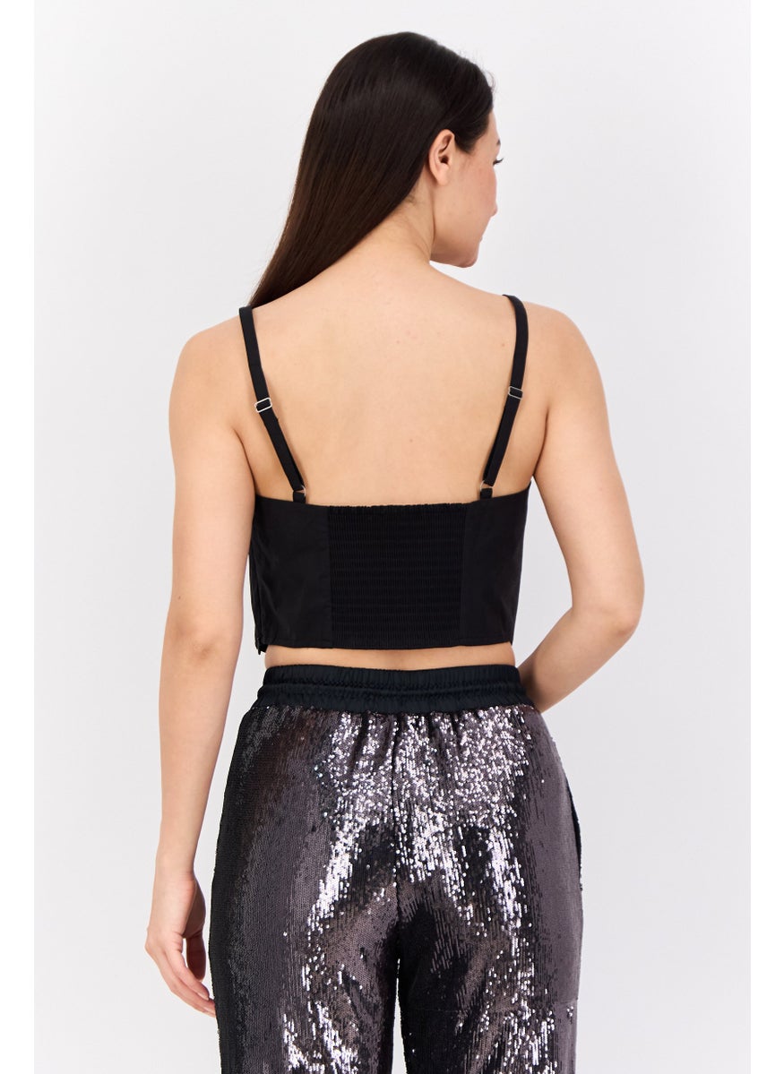 Women Scoop Neck Sleeveless Shirred Cropped Top, Black