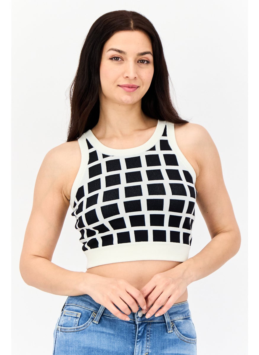 Women Round Neck Sleeveless Windowpane Pattern Cropped Top, Multicolor