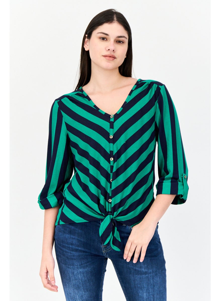 Women V-Neck 3/4 Sleeve Stripe Blouse, Multicolor