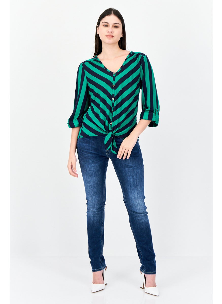 Women V-Neck 3/4 Sleeve Stripe Blouse, Multicolor