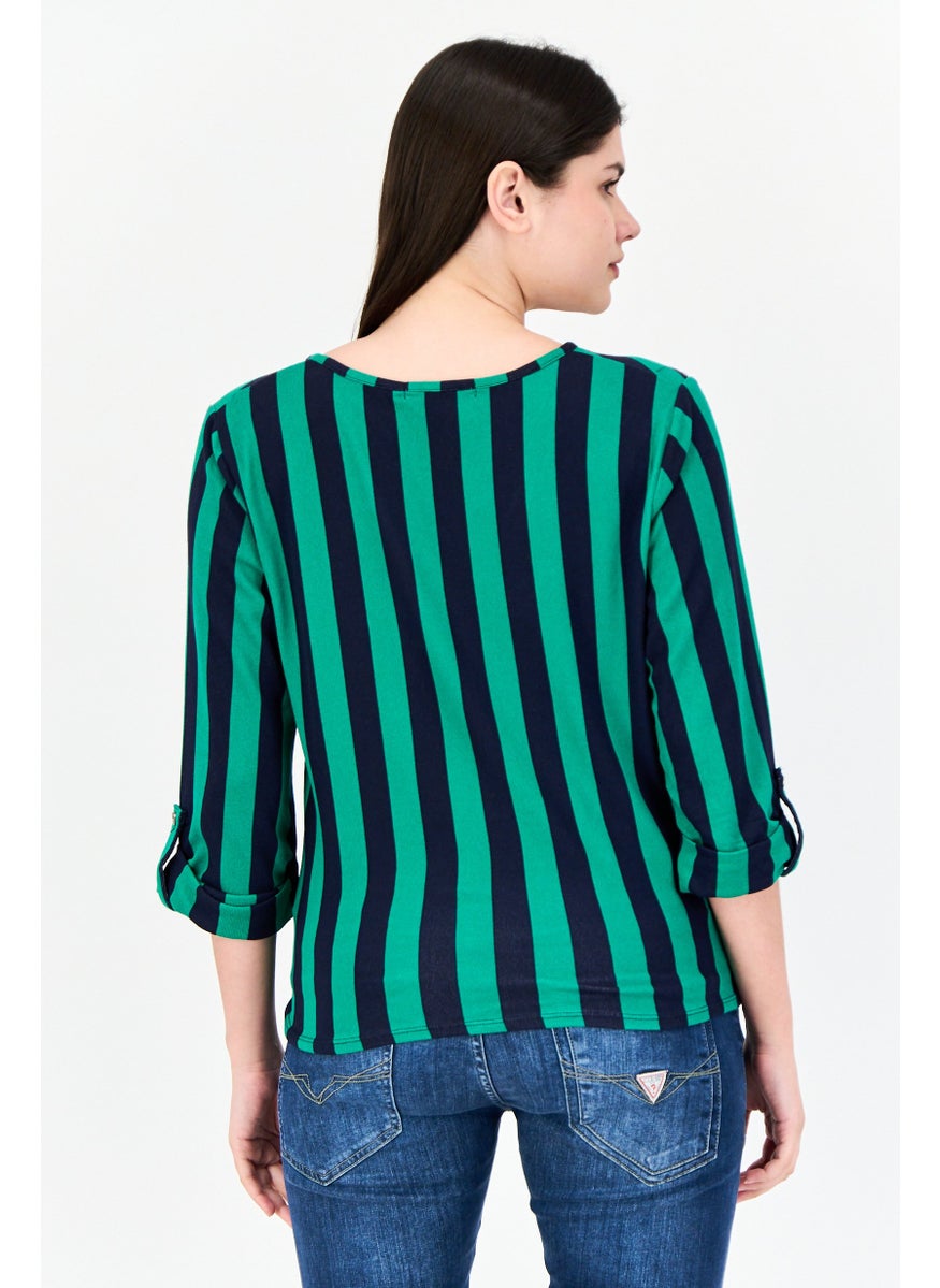 Women V-Neck 3/4 Sleeve Stripe Blouse, Multicolor