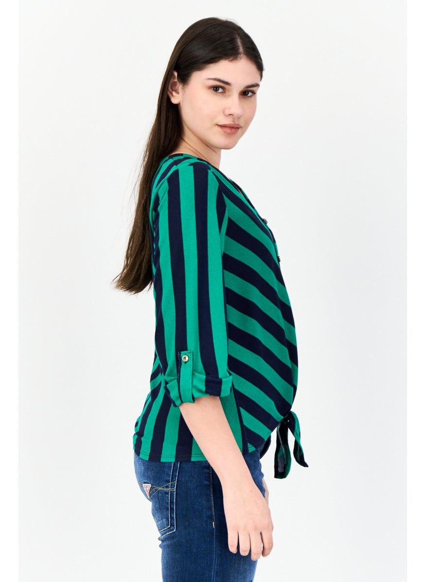 Women V-Neck 3/4 Sleeve Stripe Blouse, Multicolor