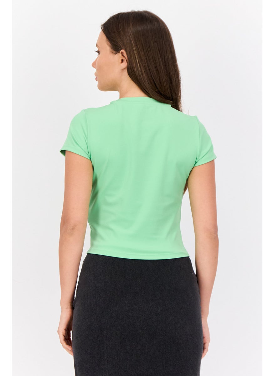 Women Crew Neck Short Sleeve Brand Logo Crop Top, Mint Green