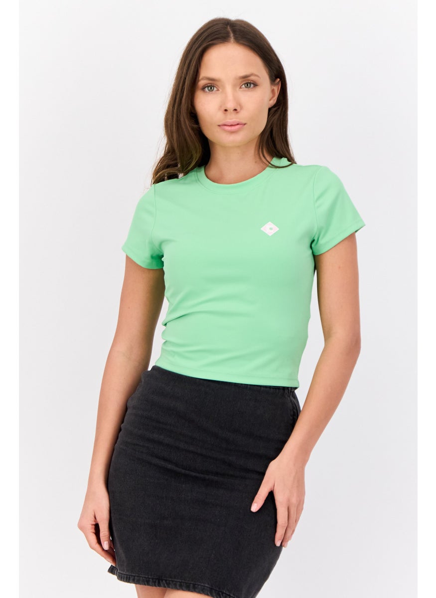 Women Crew Neck Short Sleeve Brand Logo Crop Top, Mint Green