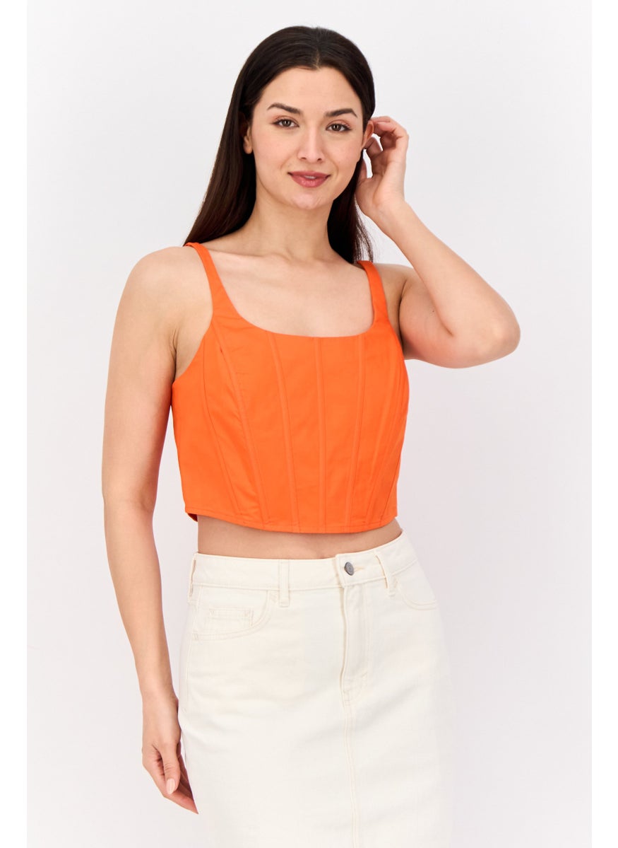 Women Scoop Neck Sleeveless Shirred Cropped Top, Orange