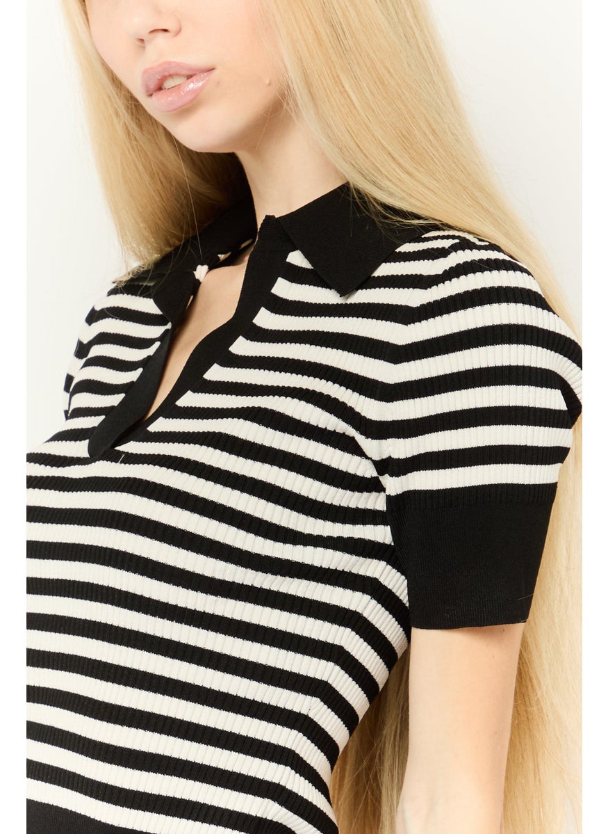 Women Henley Neck Short Sleeves Stripe Top, Black/White