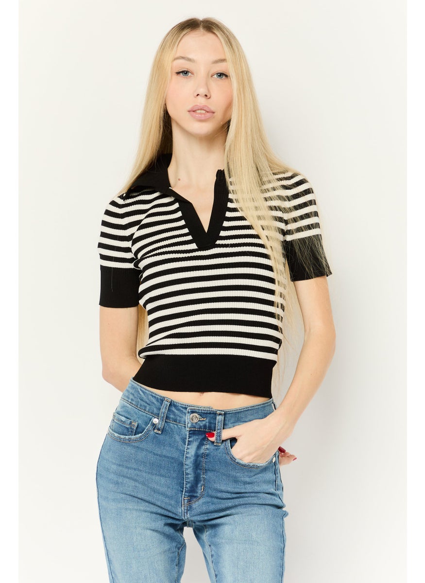 Women Henley Neck Short Sleeves Stripe Top, Black/White