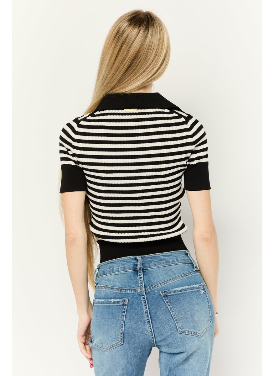 Women Henley Neck Short Sleeves Stripe Top, Black/White
