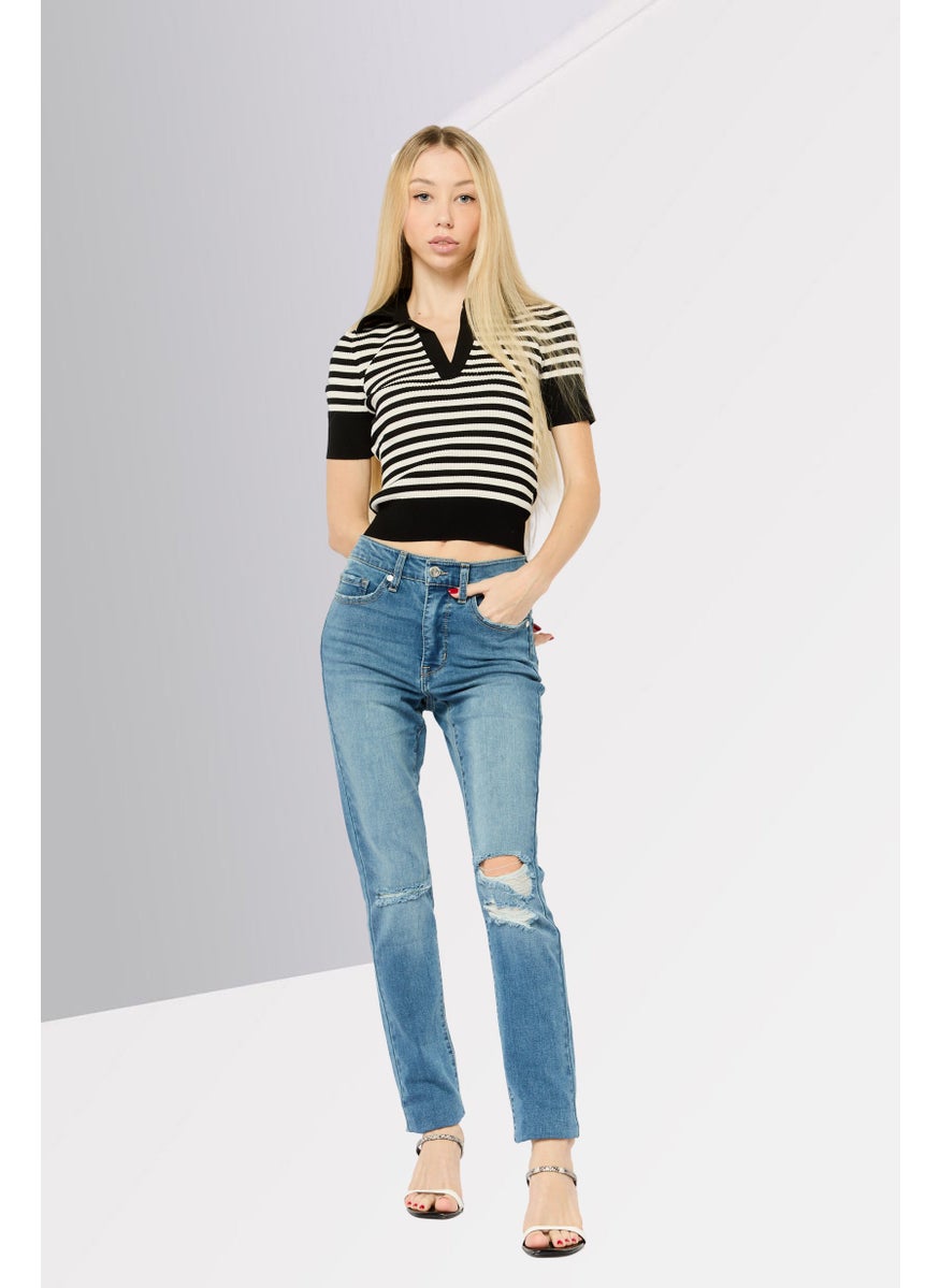 Women Henley Neck Short Sleeves Stripe Top, Black/White