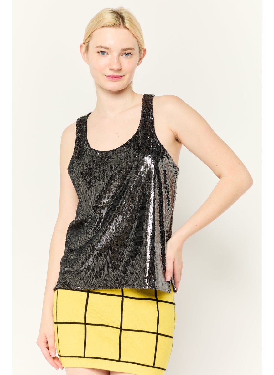 Women Scoop Neck Sleeveless Sequined Tank Top, Black