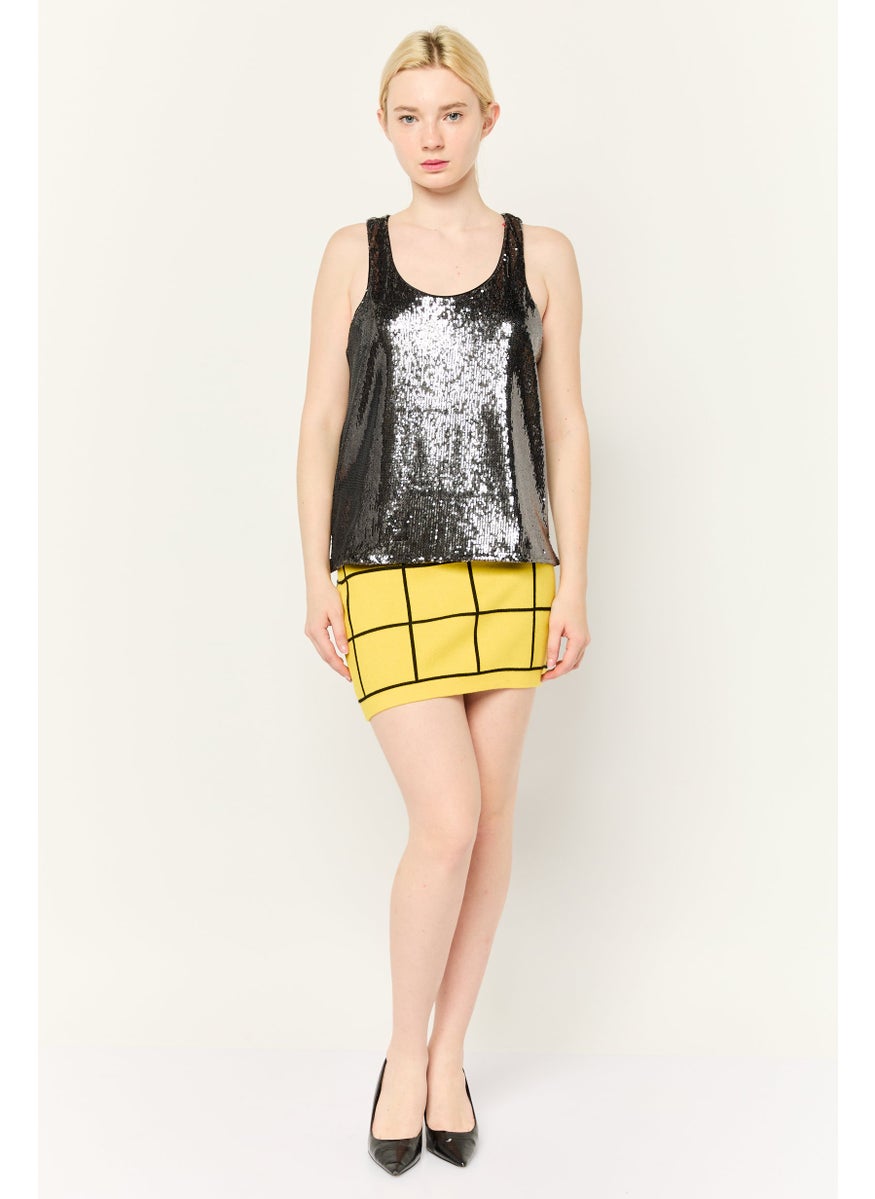 Women Scoop Neck Sleeveless Sequined Tank Top, Black