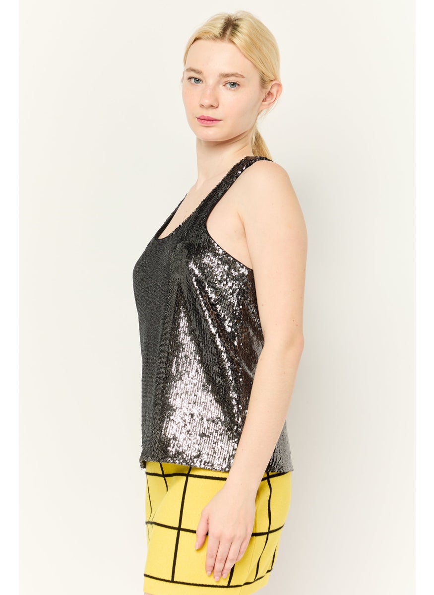 Women Scoop Neck Sleeveless Sequined Tank Top, Black