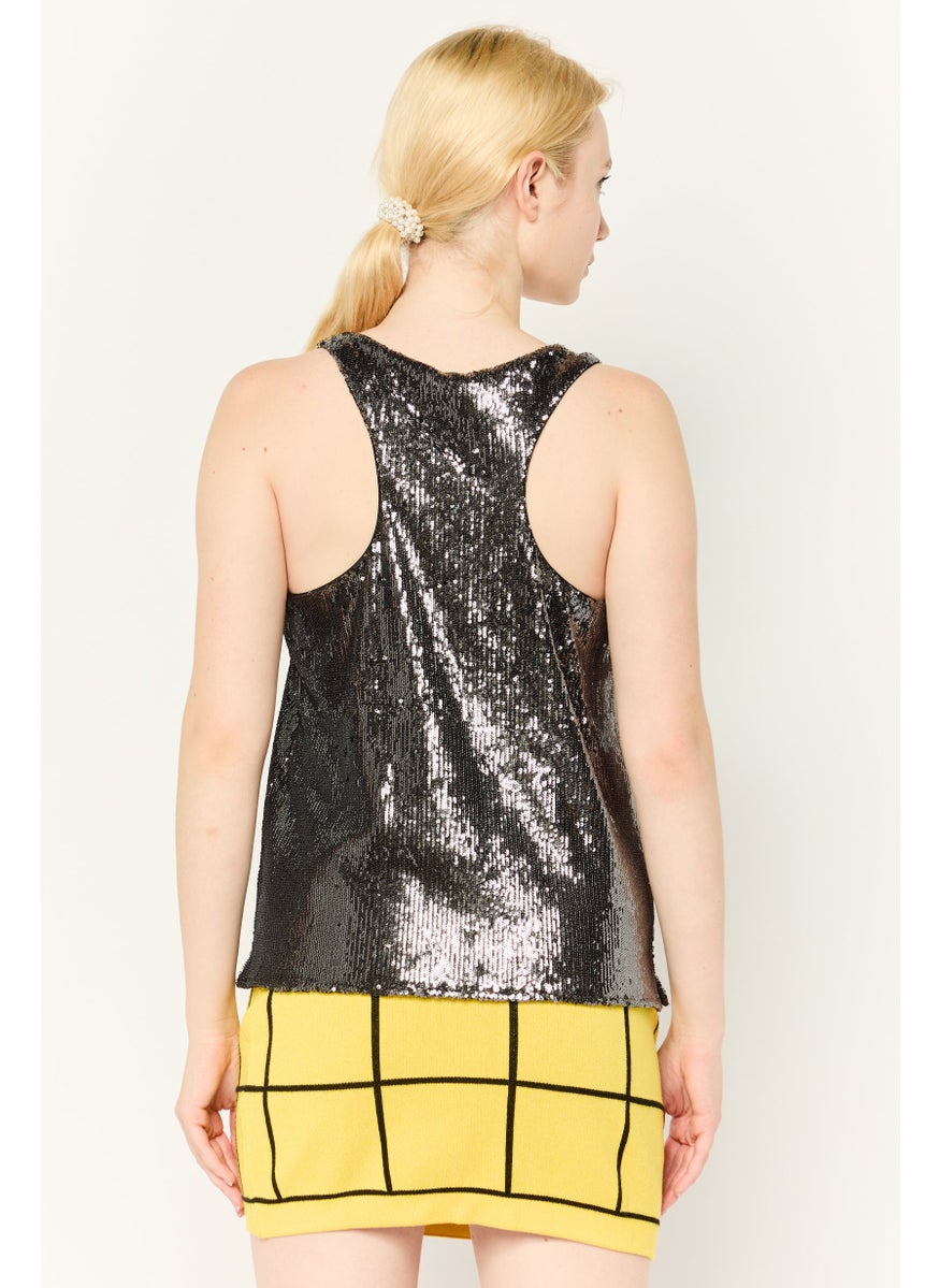 Women Scoop Neck Sleeveless Sequined Tank Top, Black