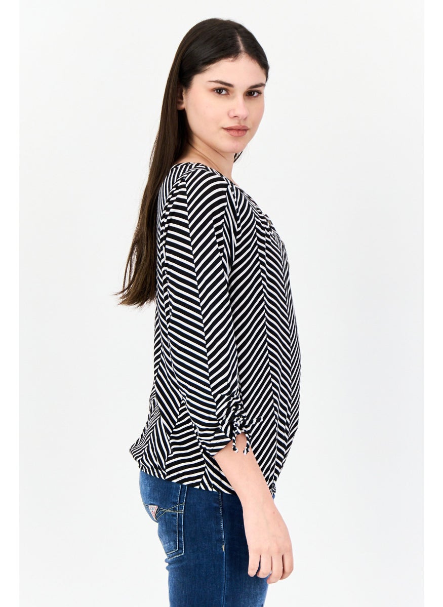 Women Round Neck Herringbone Long Sleeve Blouse, Multicolor