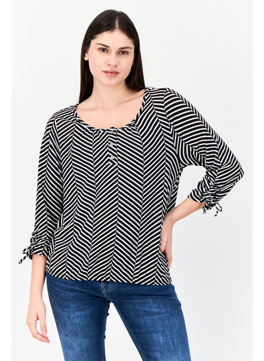 Women Round Neck Herringbone Long Sleeve Blouse, Multicolor