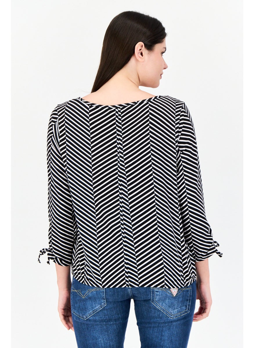Women Round Neck Herringbone Long Sleeve Blouse, Multicolor