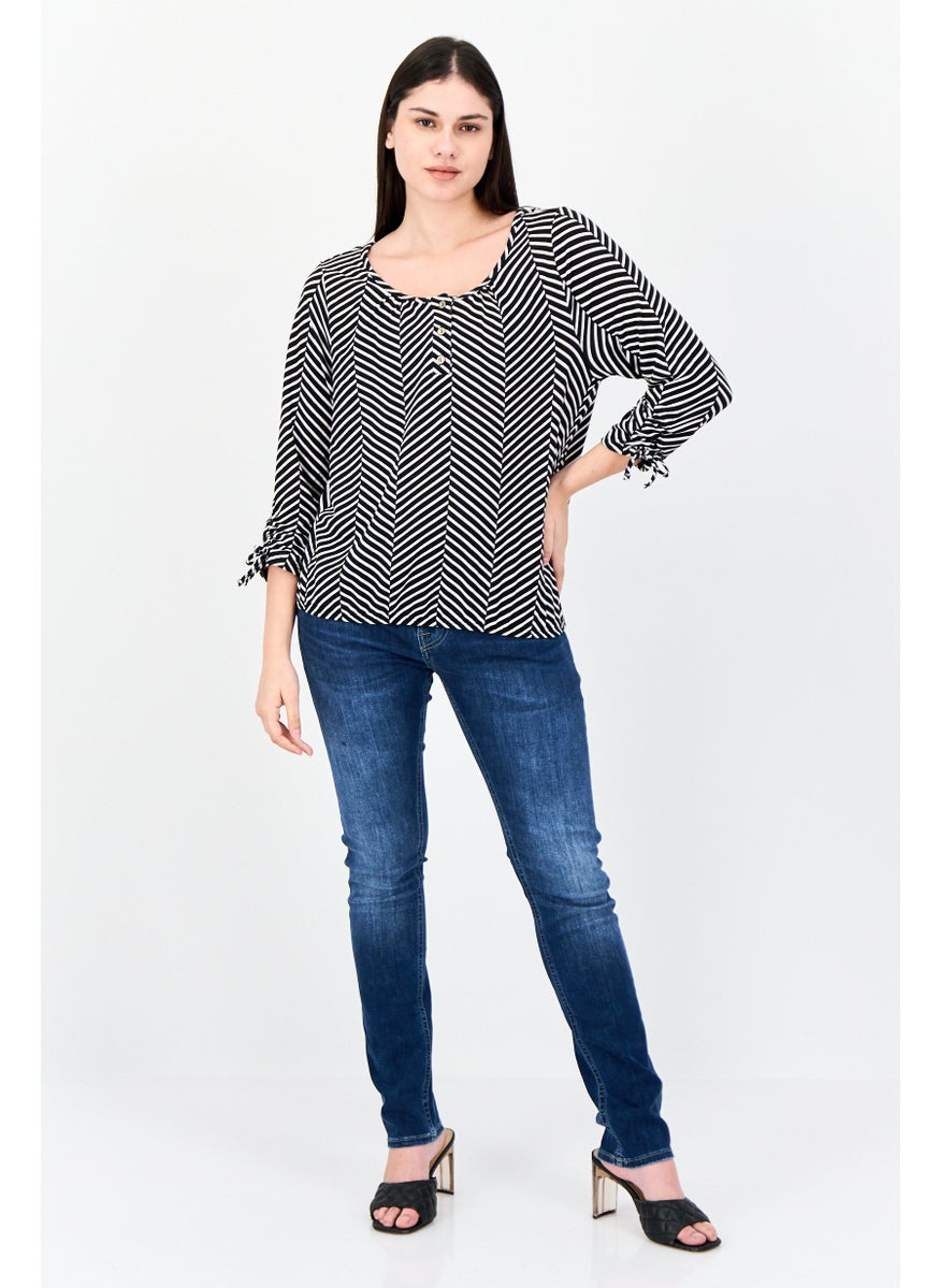 Women Round Neck Herringbone Long Sleeve Blouse, Multicolor