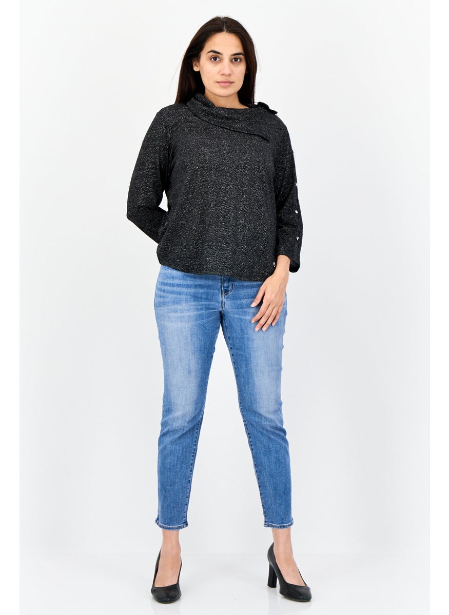 Women Cowl Neck Metallic Top,Black