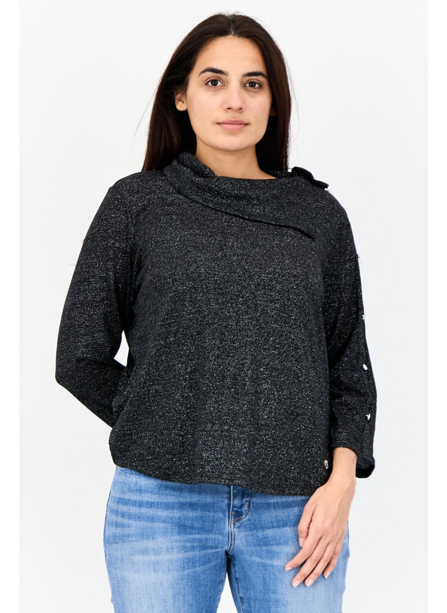 Women Cowl Neck Metallic Top,Black