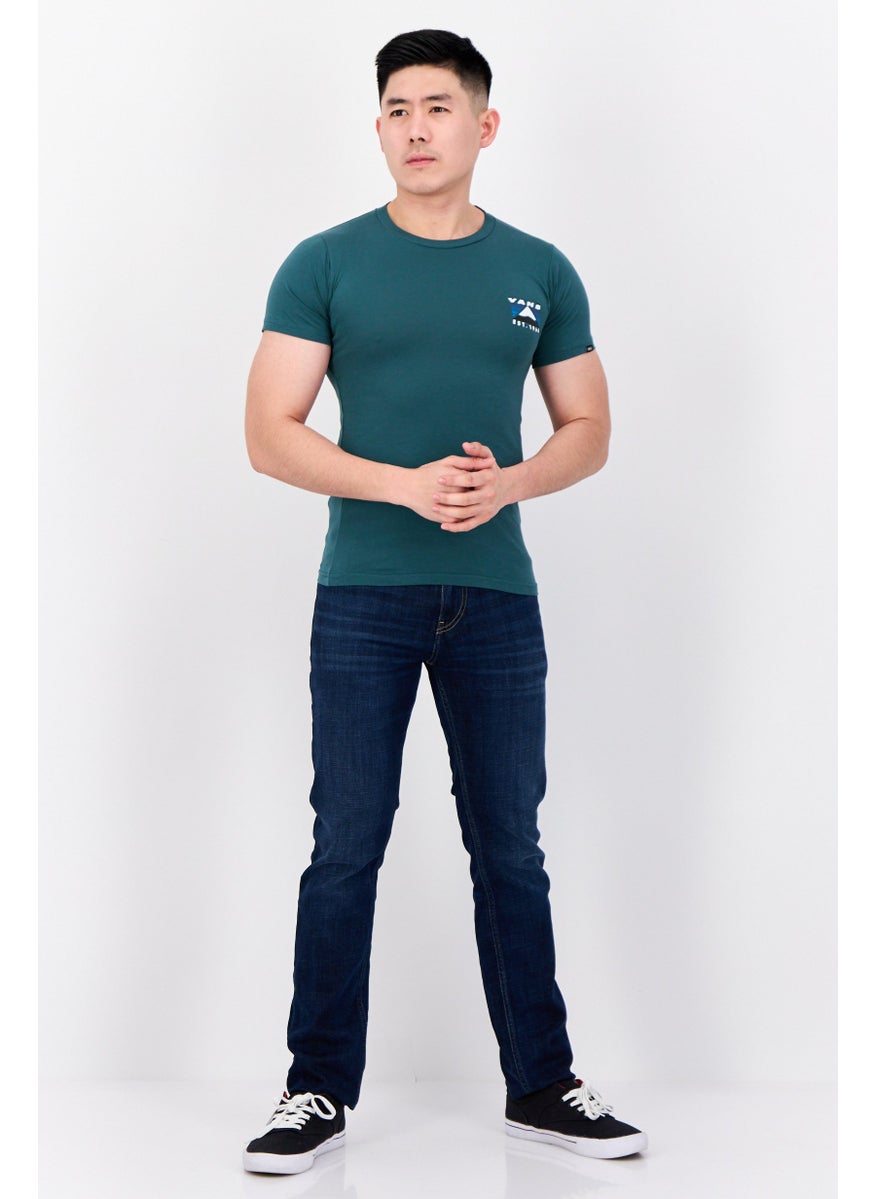 Men Crew Neck Short Sleeve Brand Logo T Shirt, Dark Green