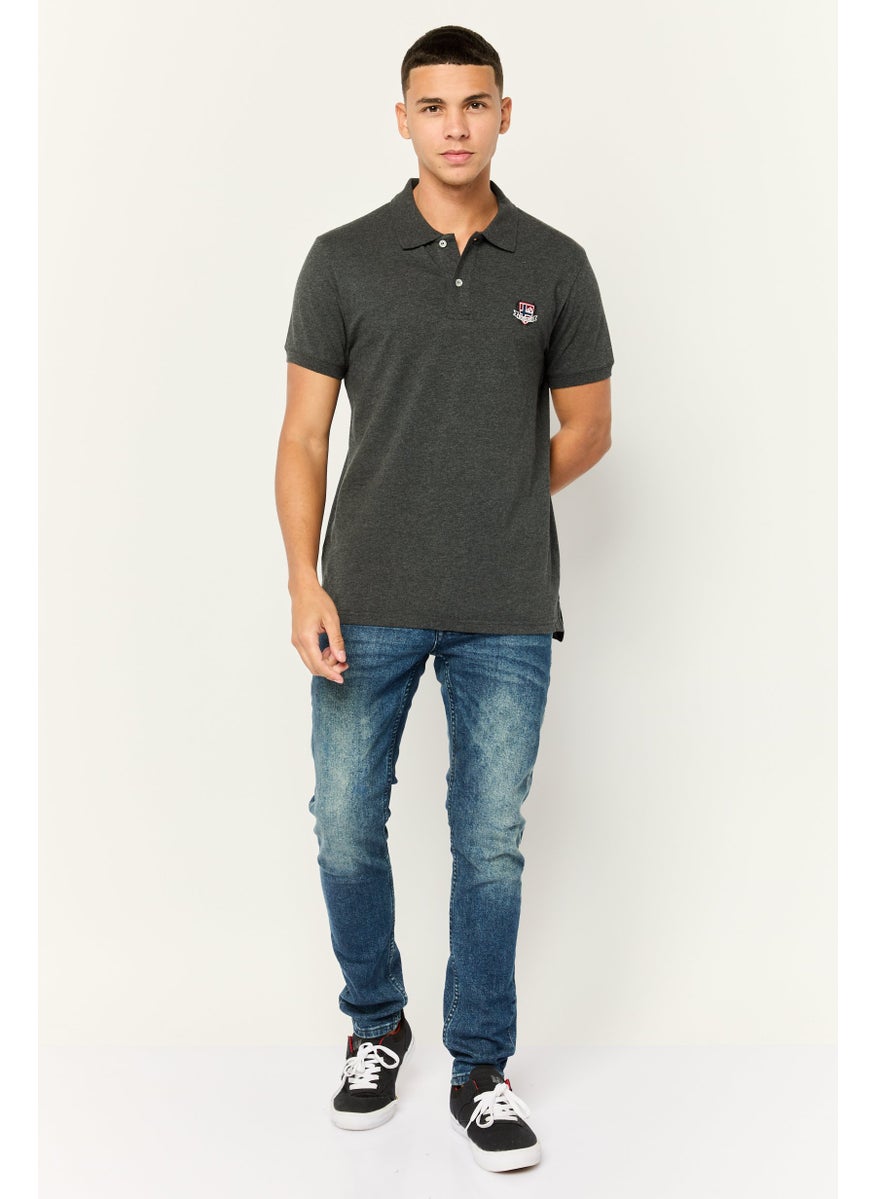 Men Regular Fit Short Sleeve Brand Logo Polo Shirt, Dark Grey