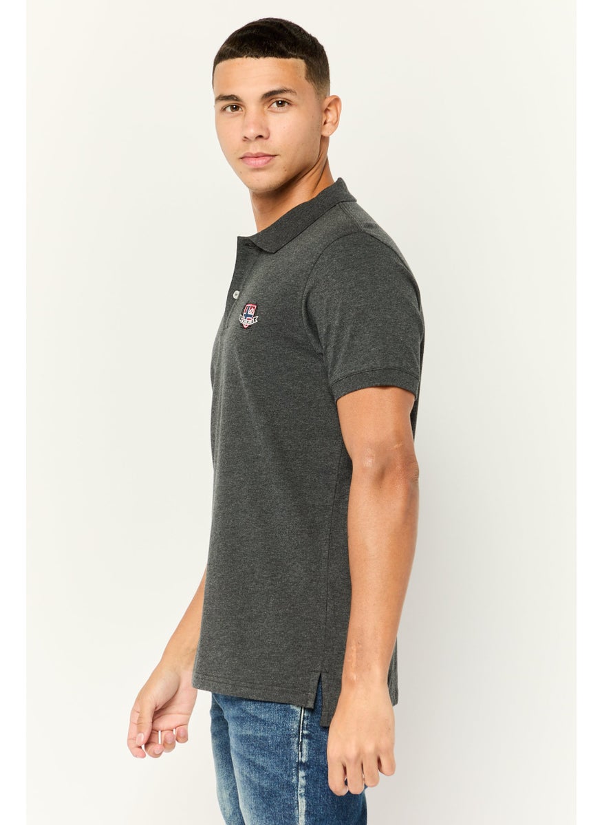 Men Regular Fit Short Sleeve Brand Logo Polo Shirt, Dark Grey