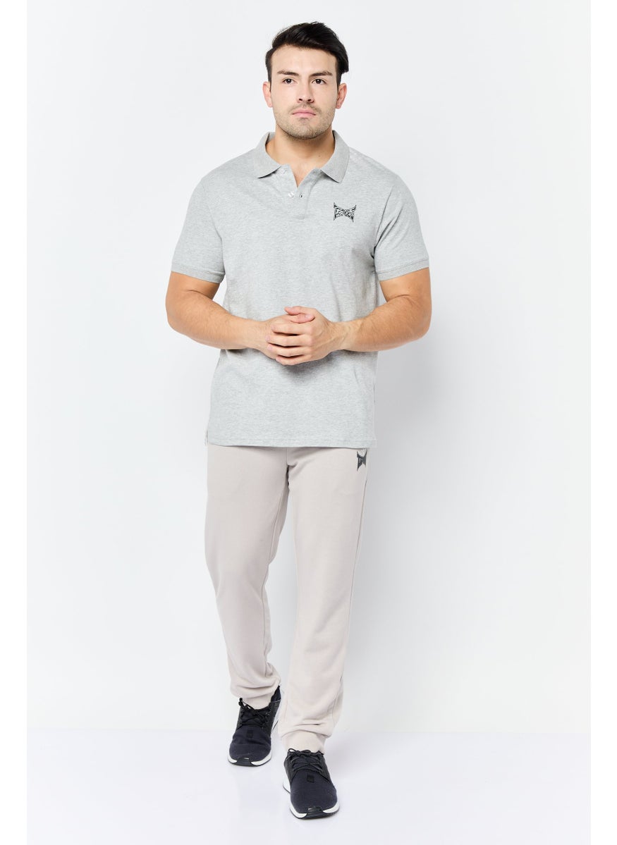 Men Regular Fit Graphic Brand Logo Short Sleeves Polo Shirt, Grey