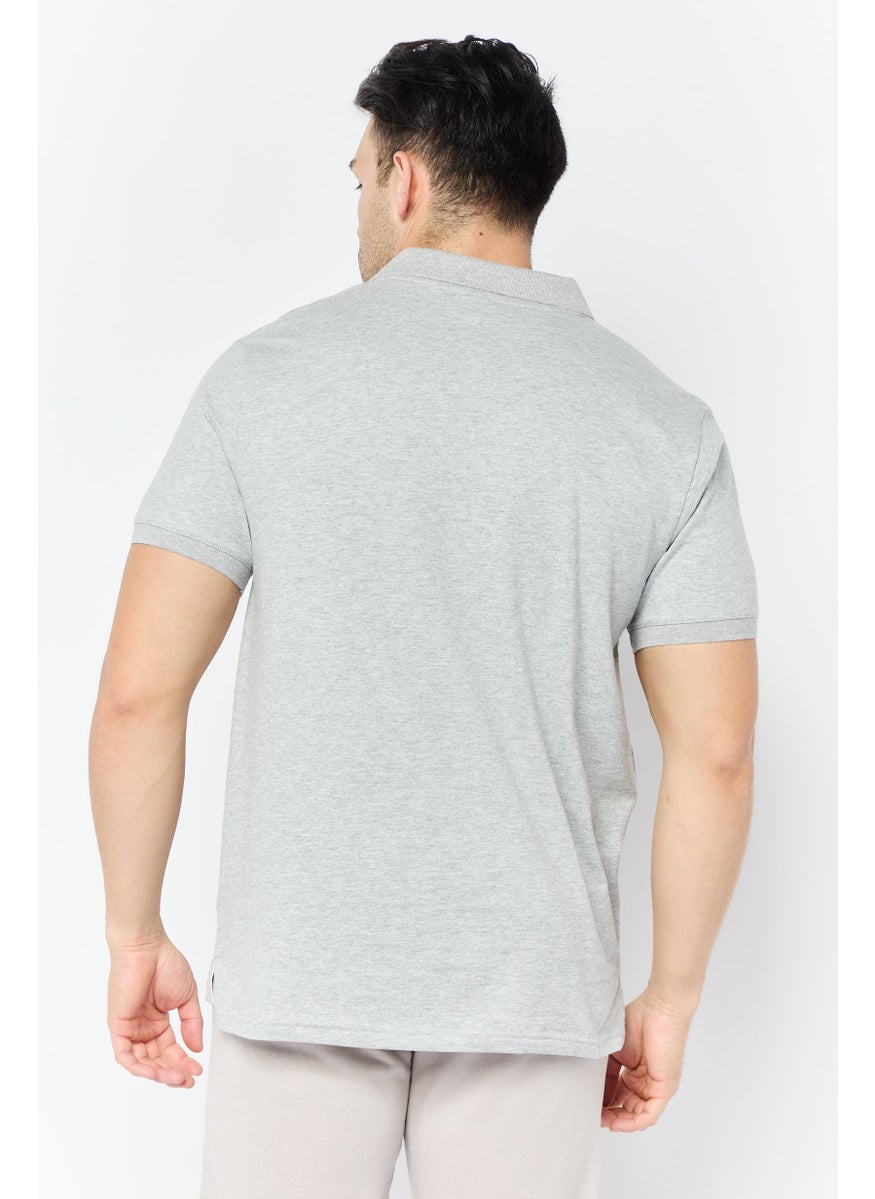 Men Regular Fit Graphic Brand Logo Short Sleeves Polo Shirt, Grey