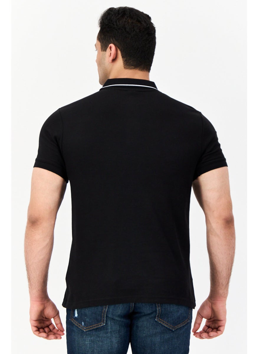 Men Regular Fit Short Sleeve Brand Logo Polo Shirt, Black