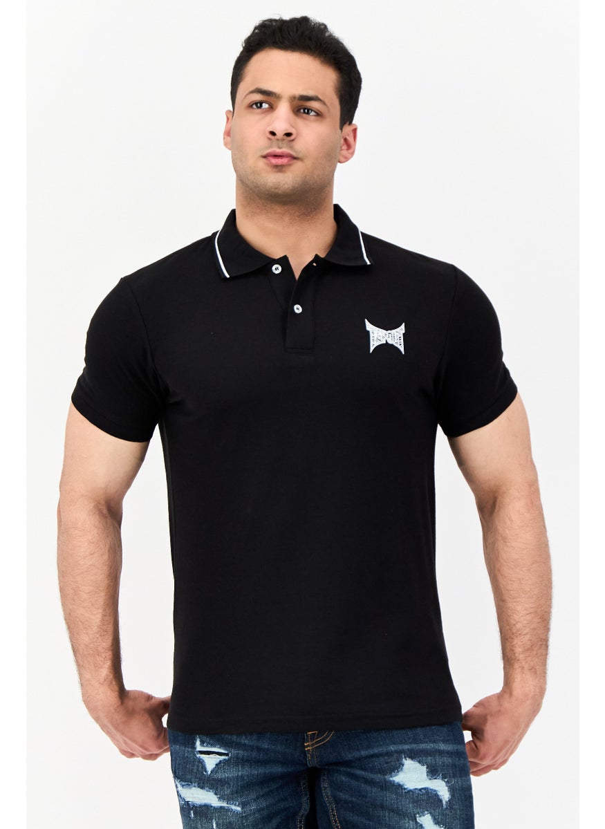 Men Regular Fit Short Sleeve Brand Logo Polo Shirt, Black