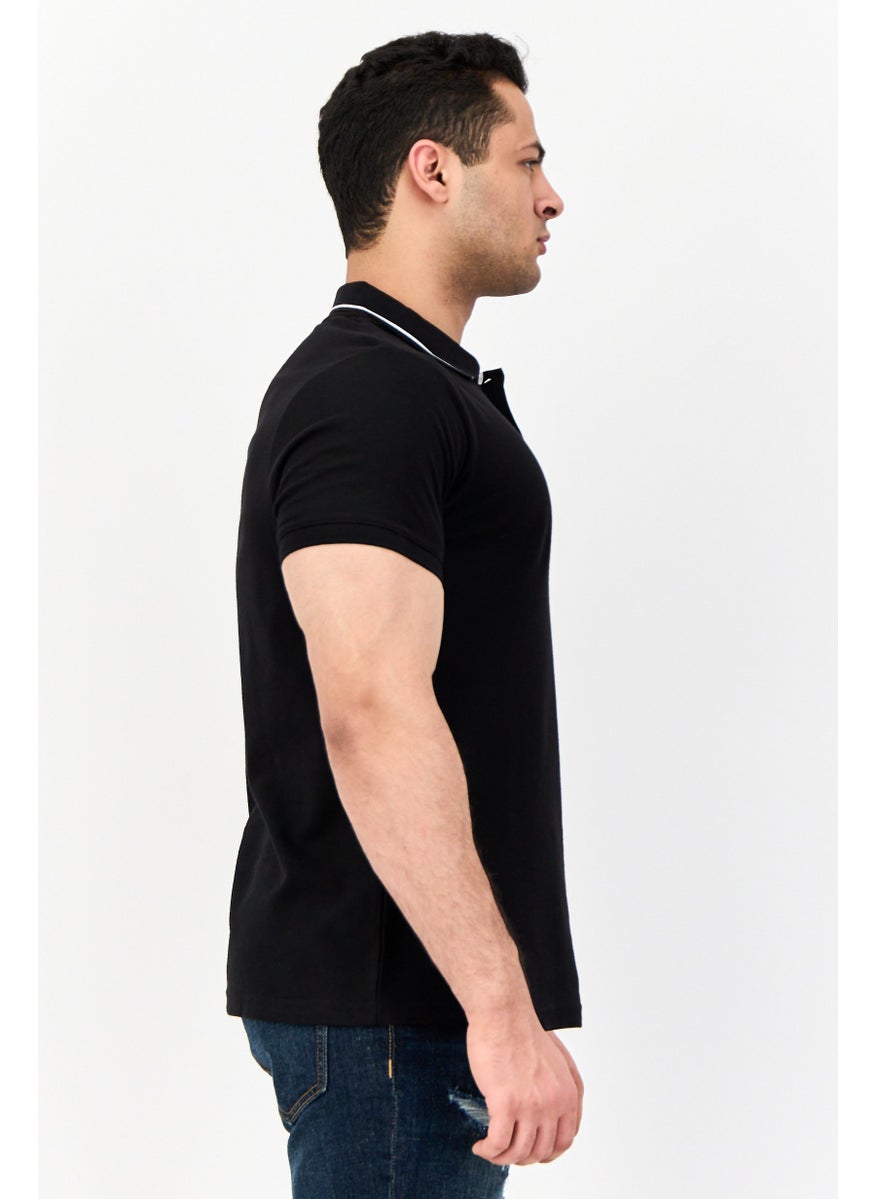 Men Regular Fit Short Sleeve Brand Logo Polo Shirt, Black