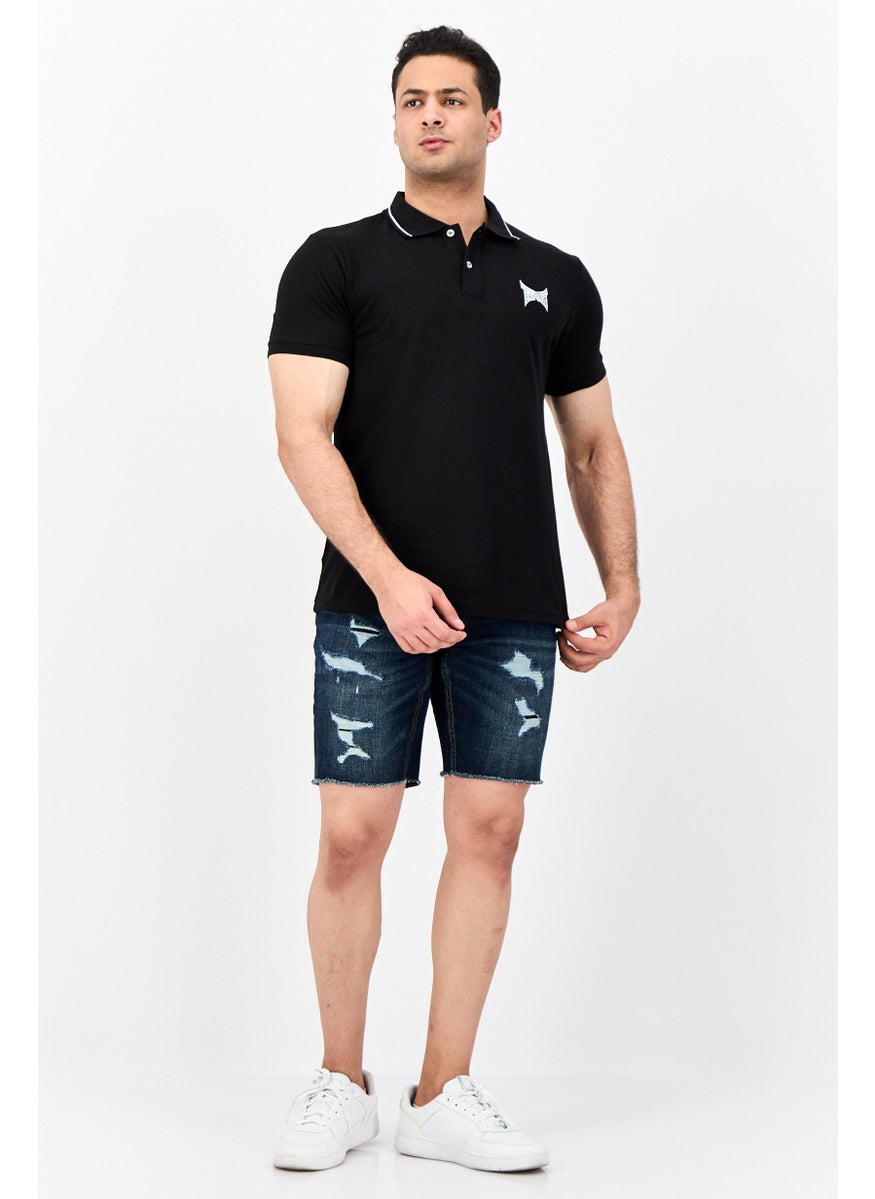 Men Regular Fit Short Sleeve Brand Logo Polo Shirt, Black