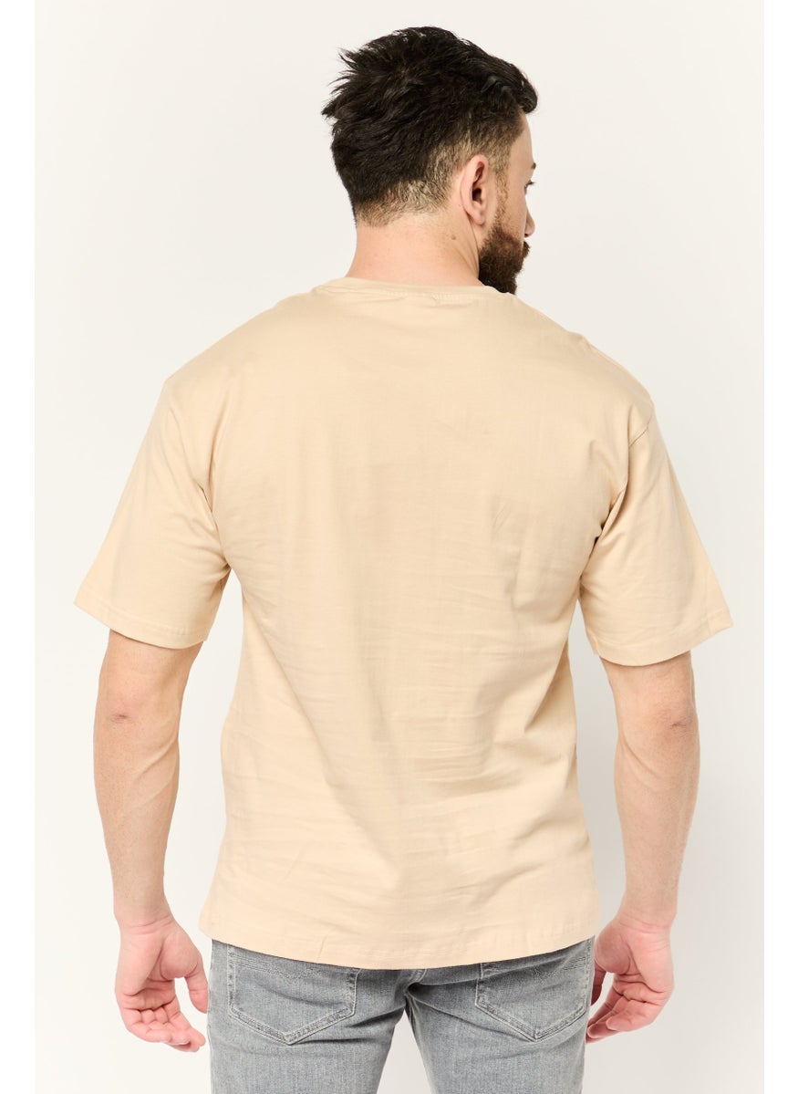 Men Crew Neck Short Sleeves Graphic Print T-Shirt, Beige