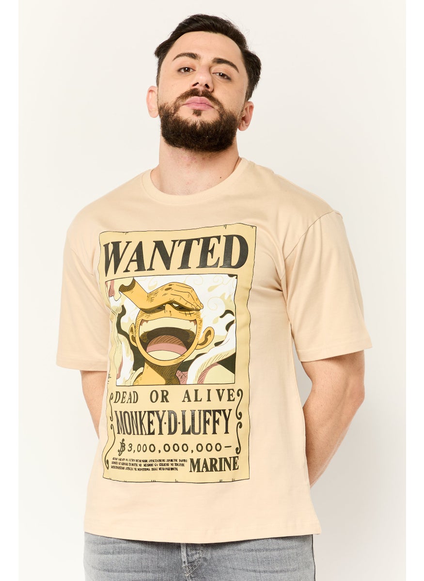 Men Crew Neck Short Sleeves Graphic Print T-Shirt, Beige