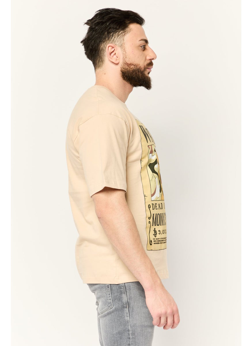 Men Crew Neck Short Sleeves Graphic Print T-Shirt, Beige