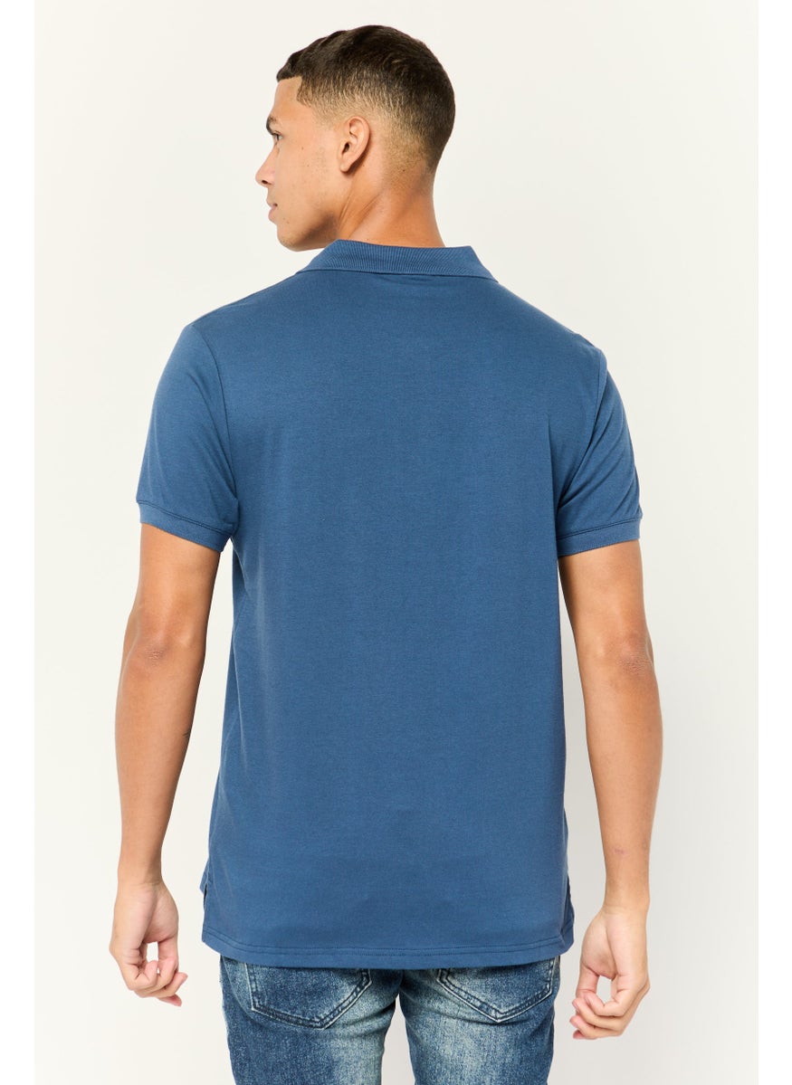 Men Regular Fit  Brand Logo Short Sleeves Polo Shirt,Blue