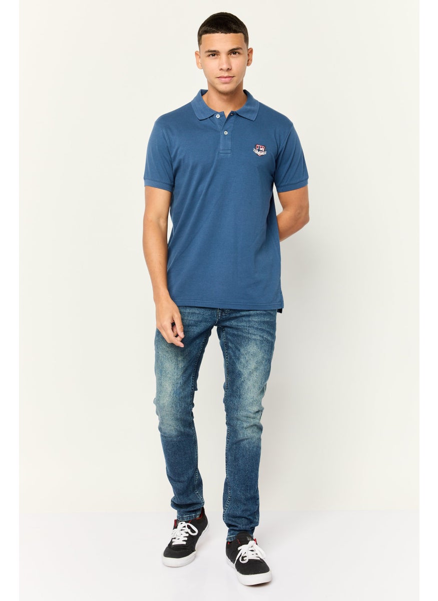 Men Regular Fit  Brand Logo Short Sleeves Polo Shirt,Blue
