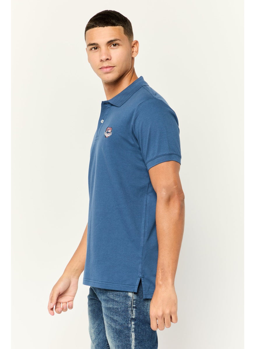 Men Regular Fit  Brand Logo Short Sleeves Polo Shirt,Blue
