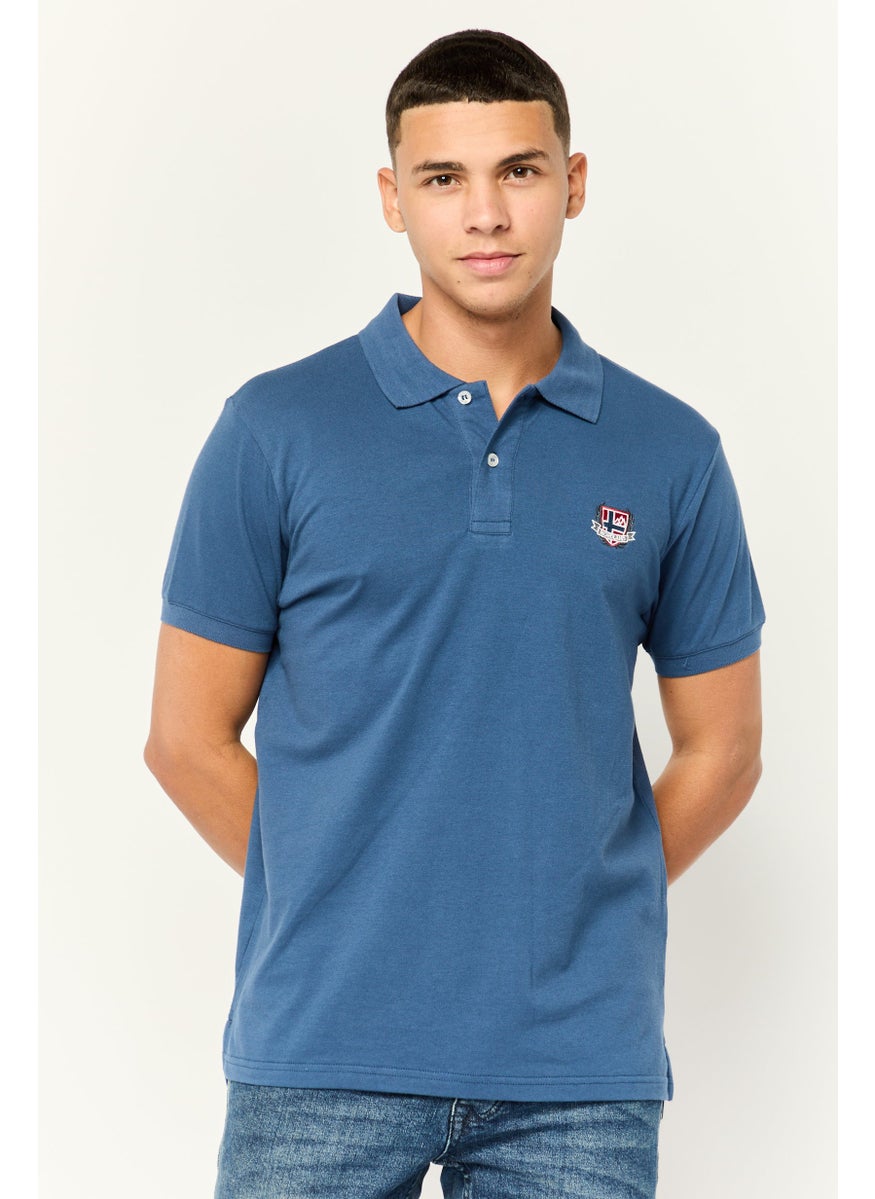 Men Regular Fit  Brand Logo Short Sleeves Polo Shirt,Blue