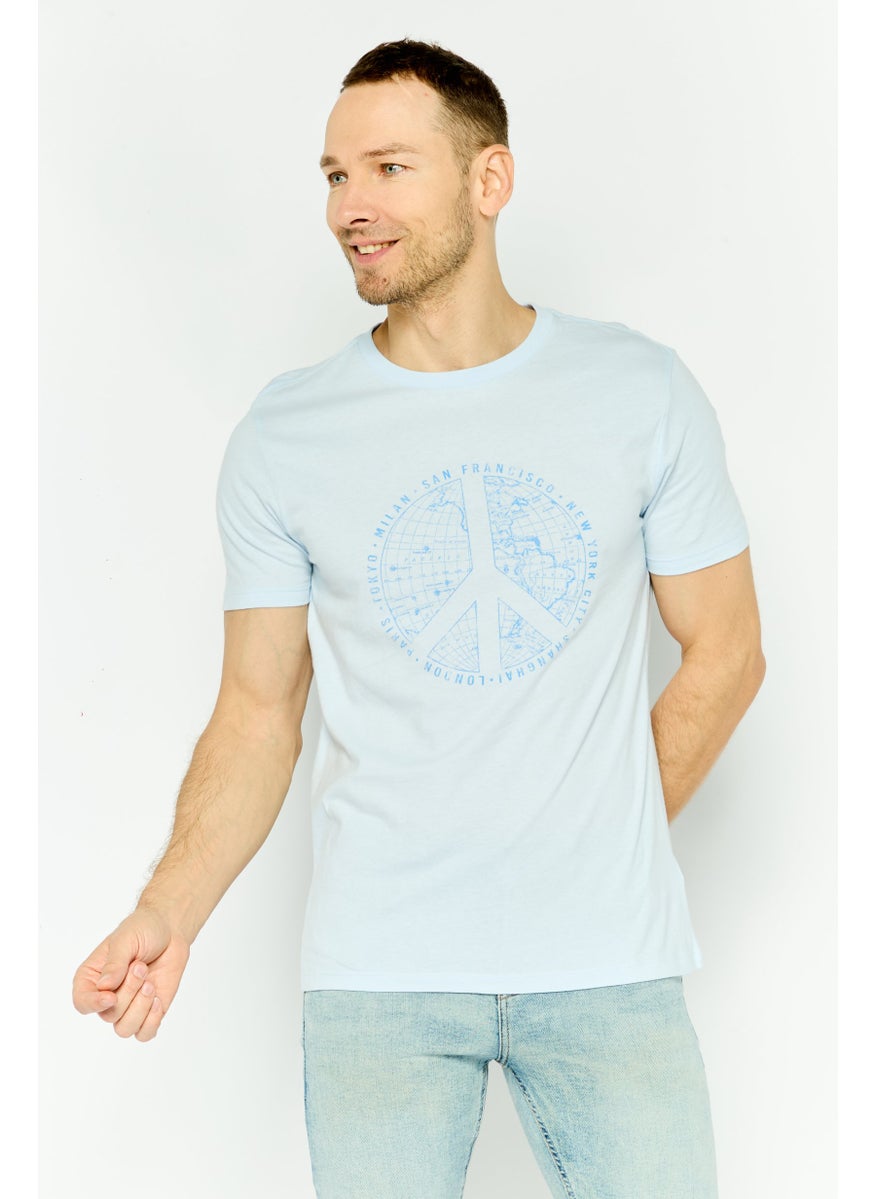 Men Crew Neck Graphic Print Short Sleeves T-shirt, Light Blue
