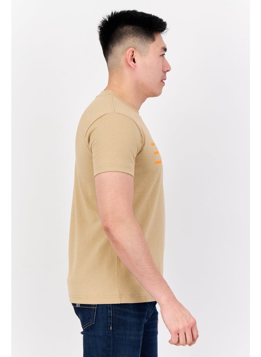 Men Crew Neck Short Sleeves Brand Logo T-Shirt, Tan