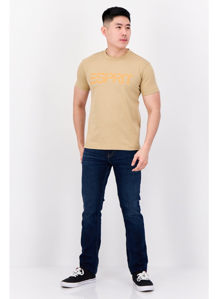 Men Crew Neck Short Sleeves Brand Logo T-Shirt, Tan