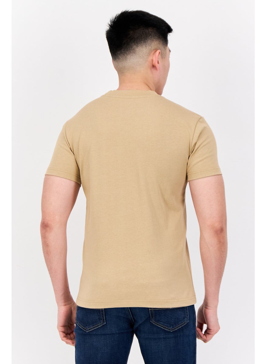 Men Crew Neck Short Sleeves Brand Logo T-Shirt, Tan