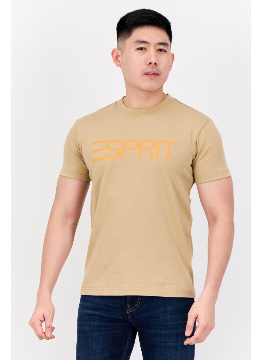 Men Crew Neck Short Sleeves Brand Logo T-Shirt, Tan