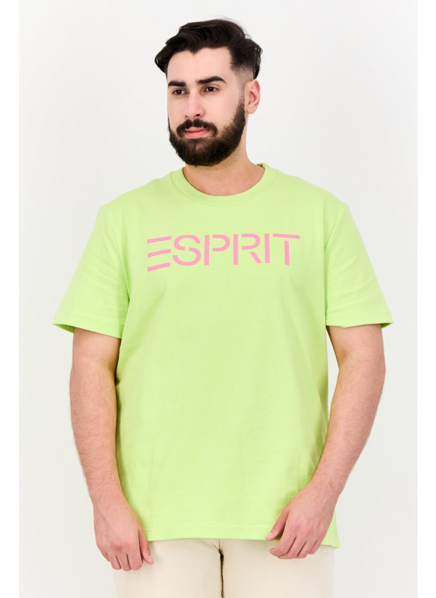 Men Ribbed Collar Short Sleeve Brand Logo T-Shirt, Lime