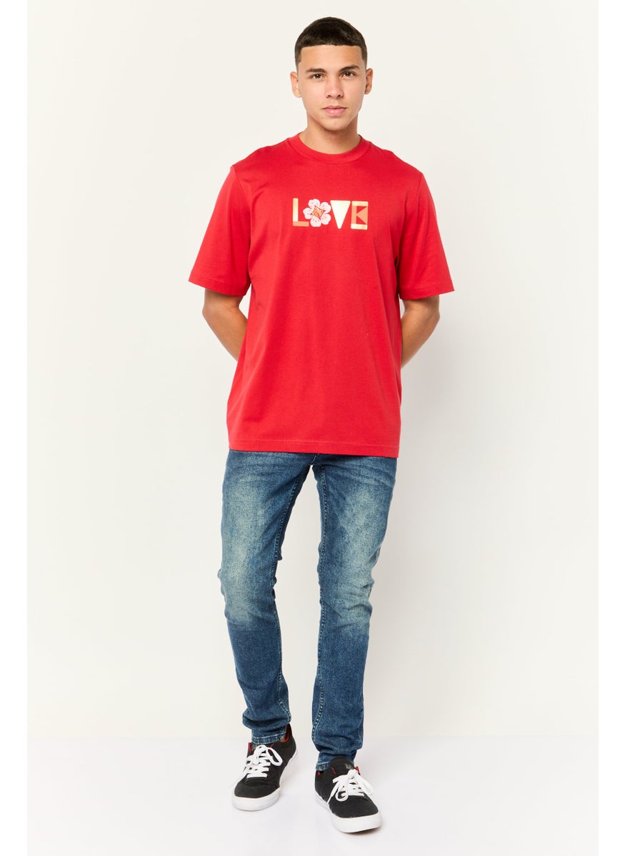 Men Crew Neck Short Sleeve Graphic Print T-Shirt, Red