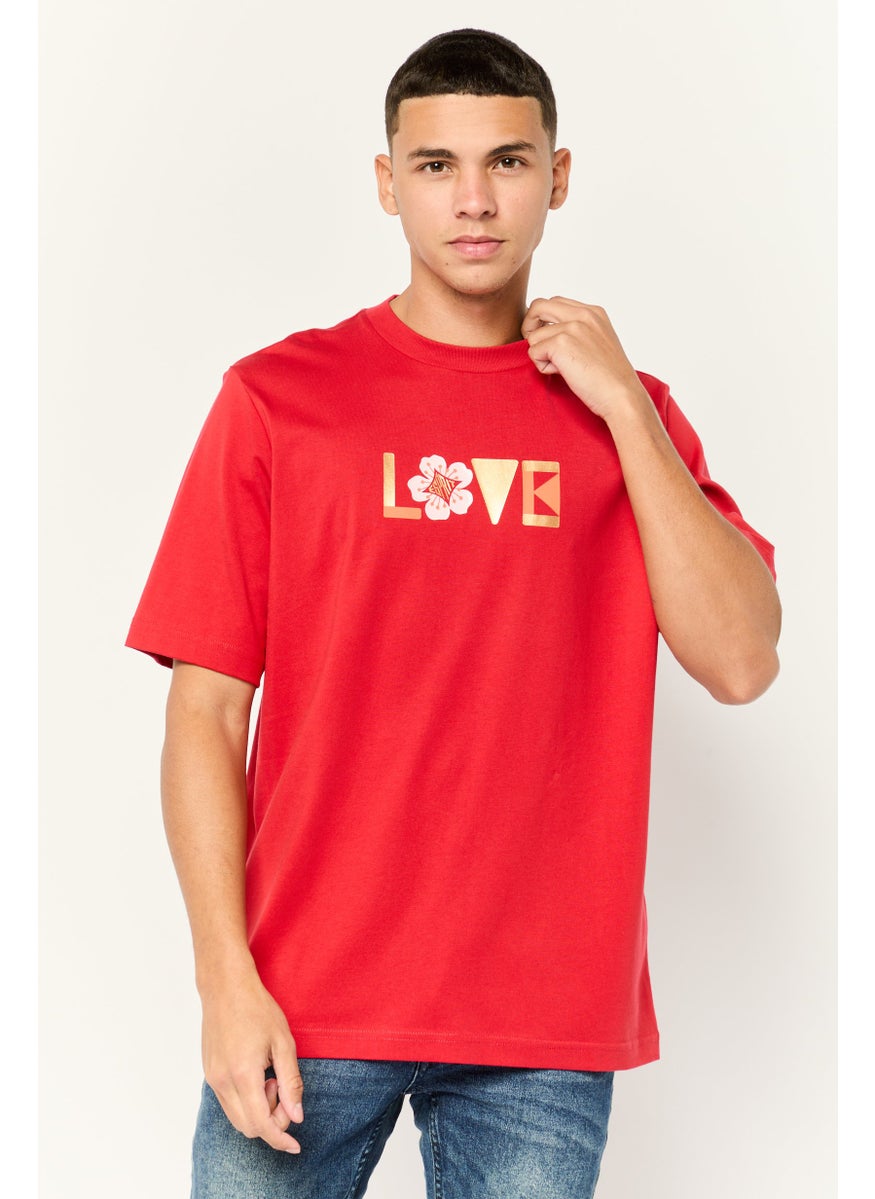Men Crew Neck Short Sleeve Graphic Print T-Shirt, Red