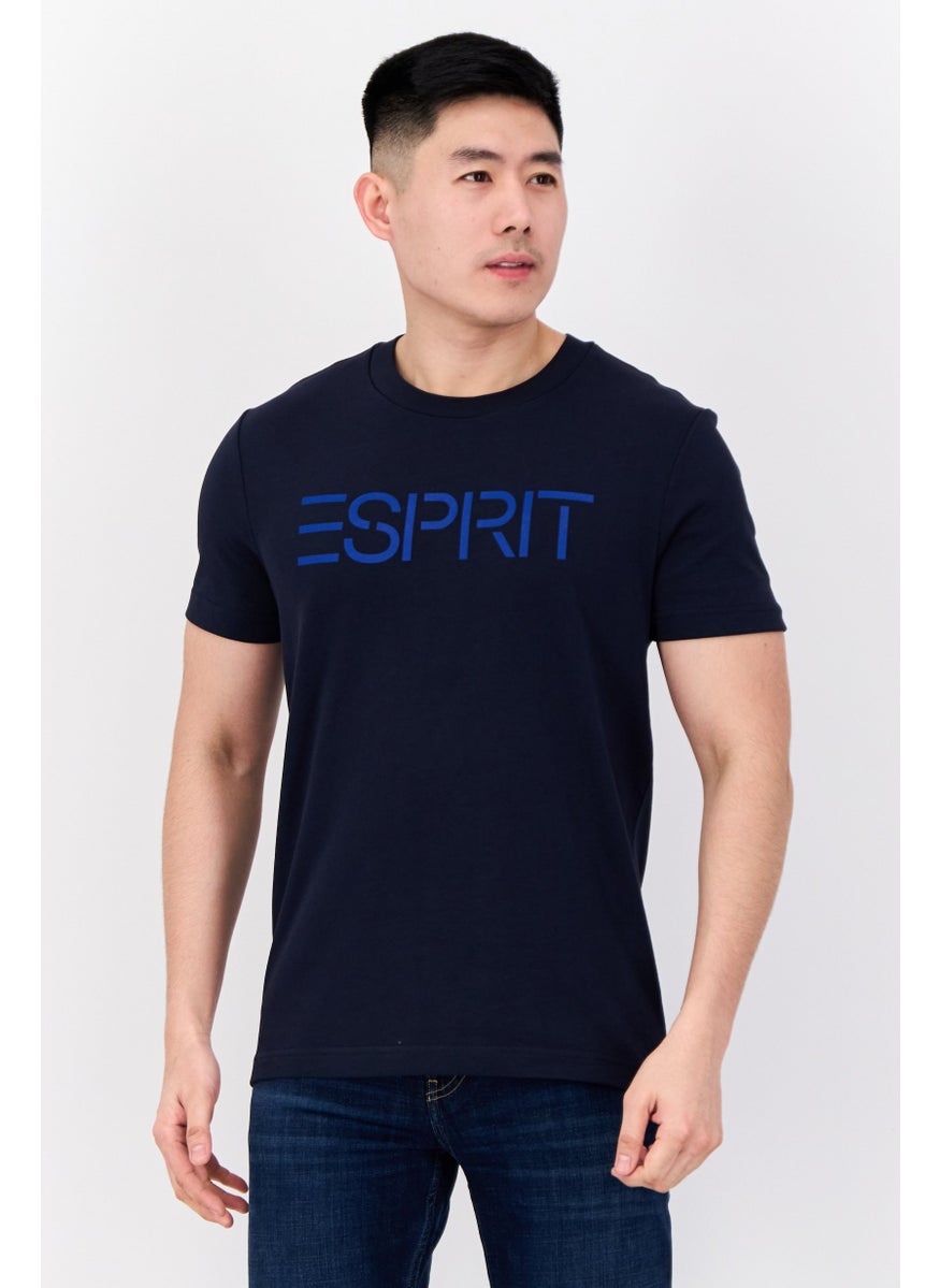 Men Crew Neck Short Sleeve Brand Logo T-Shirt, Navy